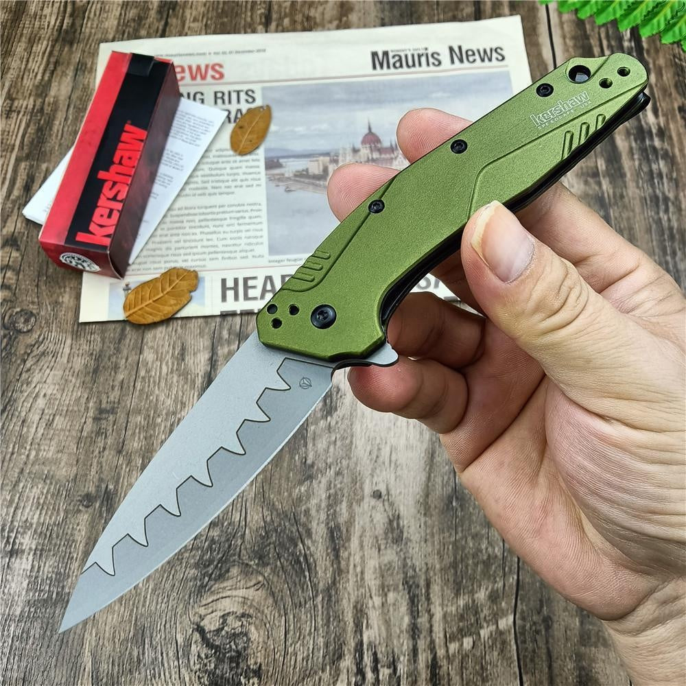 Kershaw 1812 OLCB Dividend Assisted Flipper Knife 3' N690 and CPM-D2 Composite Bead Blasted Plain Blade, Olive Aluminum Handles