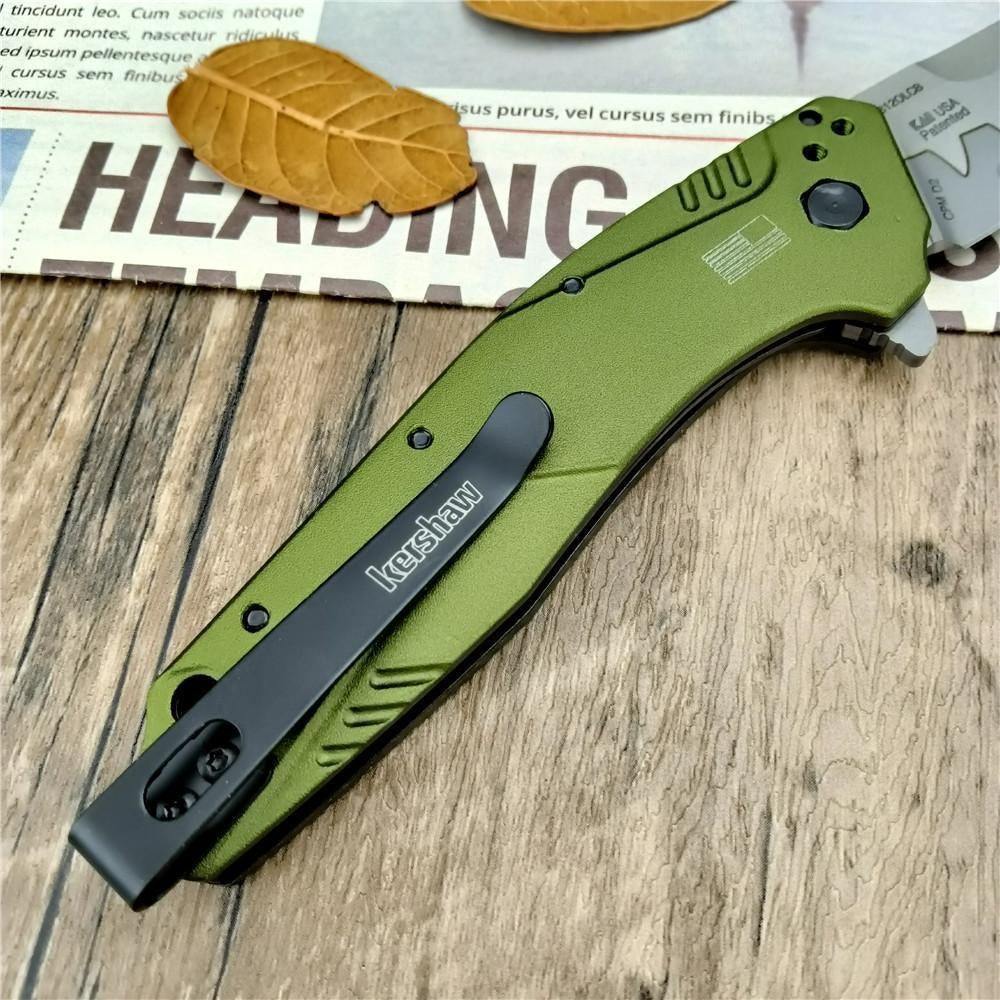 Kershaw 1812 OLCB Dividend Assisted Flipper Knife 3' N690 and CPM-D2 Composite Bead Blasted Plain Blade, Olive Aluminum Handles