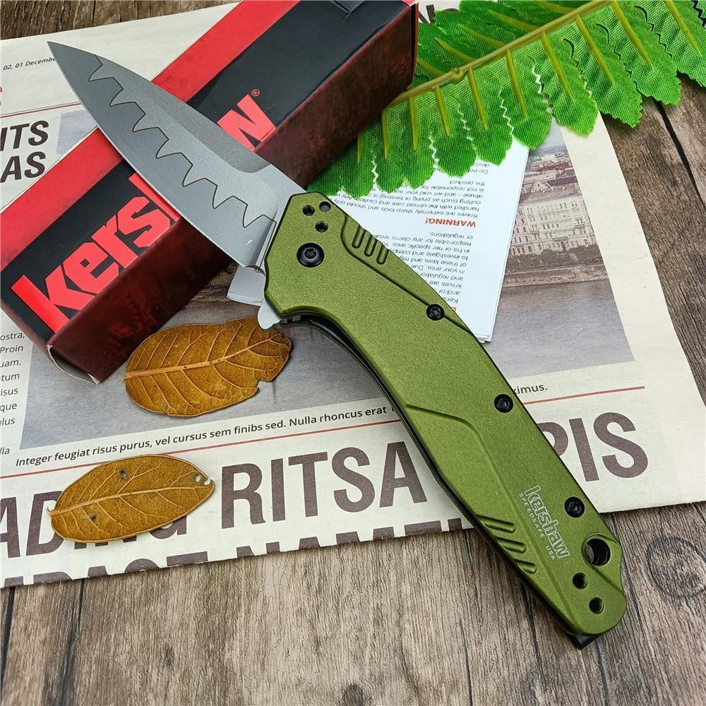 Kershaw 1812 OLCB Dividend Assisted Flipper Knife 3' N690 and CPM-D2 Composite Bead Blasted Plain Blade, Olive Aluminum Handles