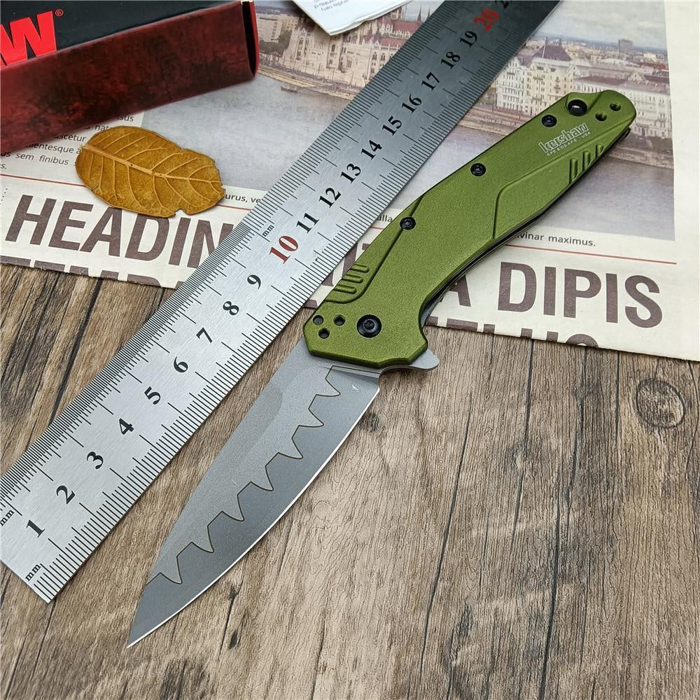 Kershaw 1812 OLCB Dividend Assisted Flipper Knife 3' N690 and CPM-D2 Composite Bead Blasted Plain Blade, Olive Aluminum Handles