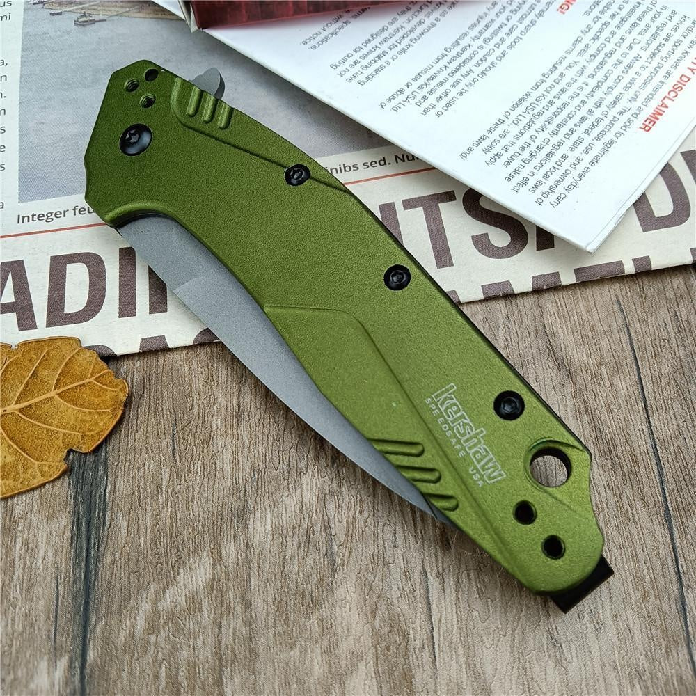 Kershaw 1812 OLCB Dividend Assisted Flipper Knife 3' N690 and CPM-D2 Composite Bead Blasted Plain Blade, Olive Aluminum Handles