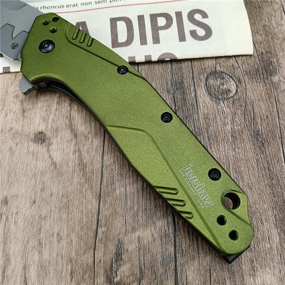 Kershaw 1812 OLCB Dividend Assisted Flipper Knife 3' N690 and CPM-D2 Composite Bead Blasted Plain Blade, Olive Aluminum Handles