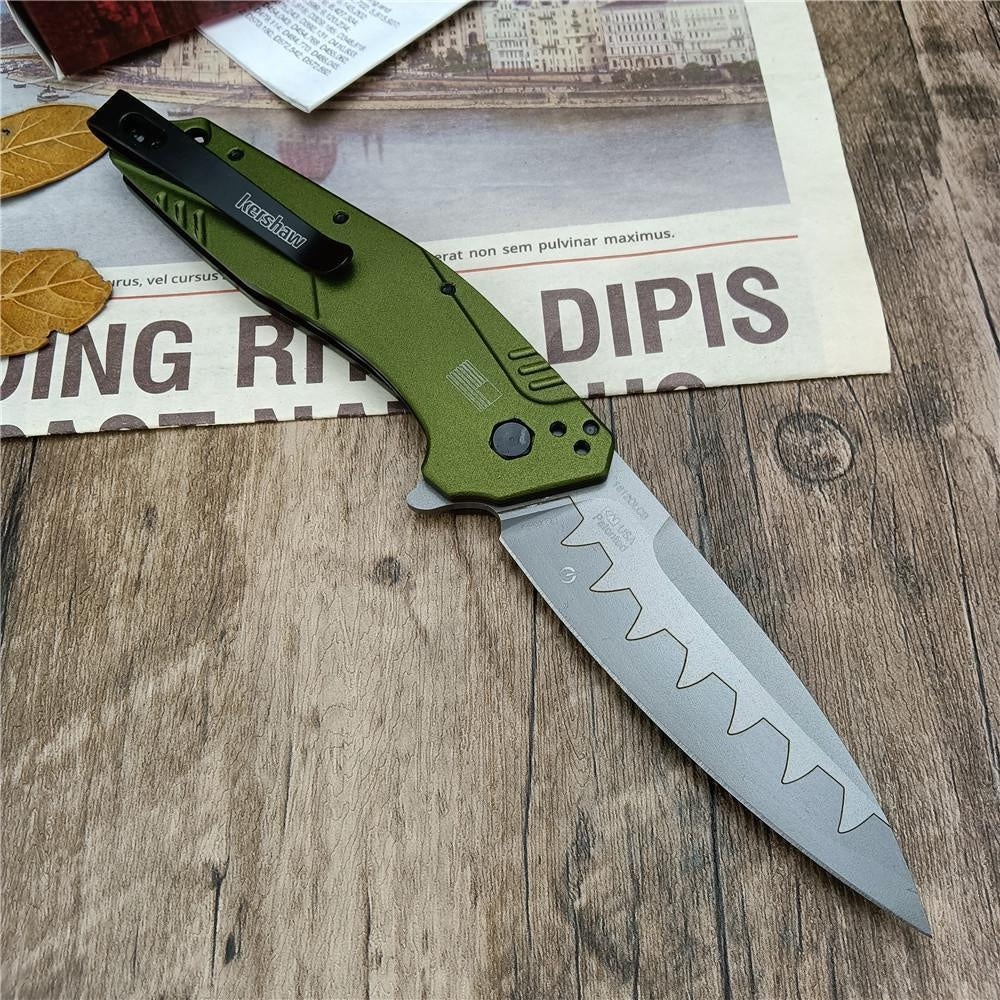 Kershaw 1812 OLCB Dividend Assisted Flipper Knife 3' N690 and CPM-D2 Composite Bead Blasted Plain Blade, Olive Aluminum Handles