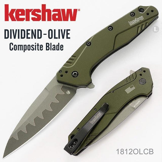 Kershaw 1812 OLCB Dividend Assisted Flipper Knife 3' N690 and CPM-D2 Composite Bead Blasted Plain Blade, Olive Aluminum Handles