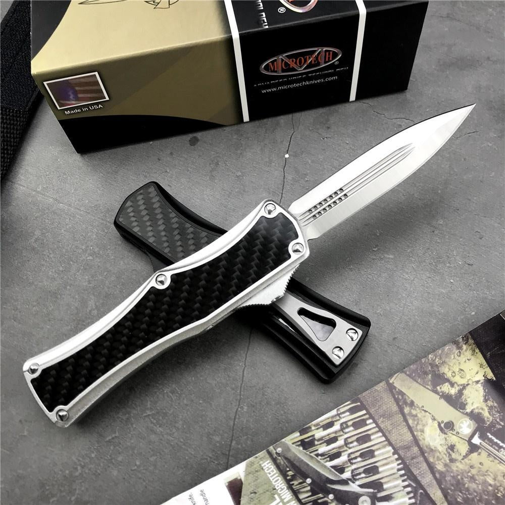 Microtech OTF tactical double automatic switchblade knife,D2 steel blade, 3K carbon fiber + aluminum handle，EDC Outdoor Hunting Pocket Knife