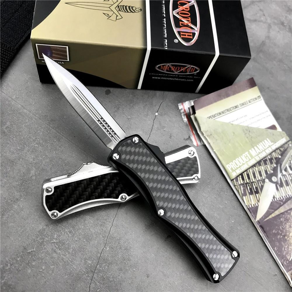 Microtech OTF tactical double automatic switchblade knife,D2 steel blade, 3K carbon fiber + aluminum handle，EDC Outdoor Hunting Pocket Knife