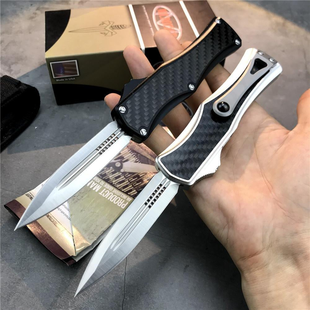 Microtech OTF tactical double automatic switchblade knife,D2 steel blade, 3K carbon fiber + aluminum handle，EDC Outdoor Hunting Pocket Knife