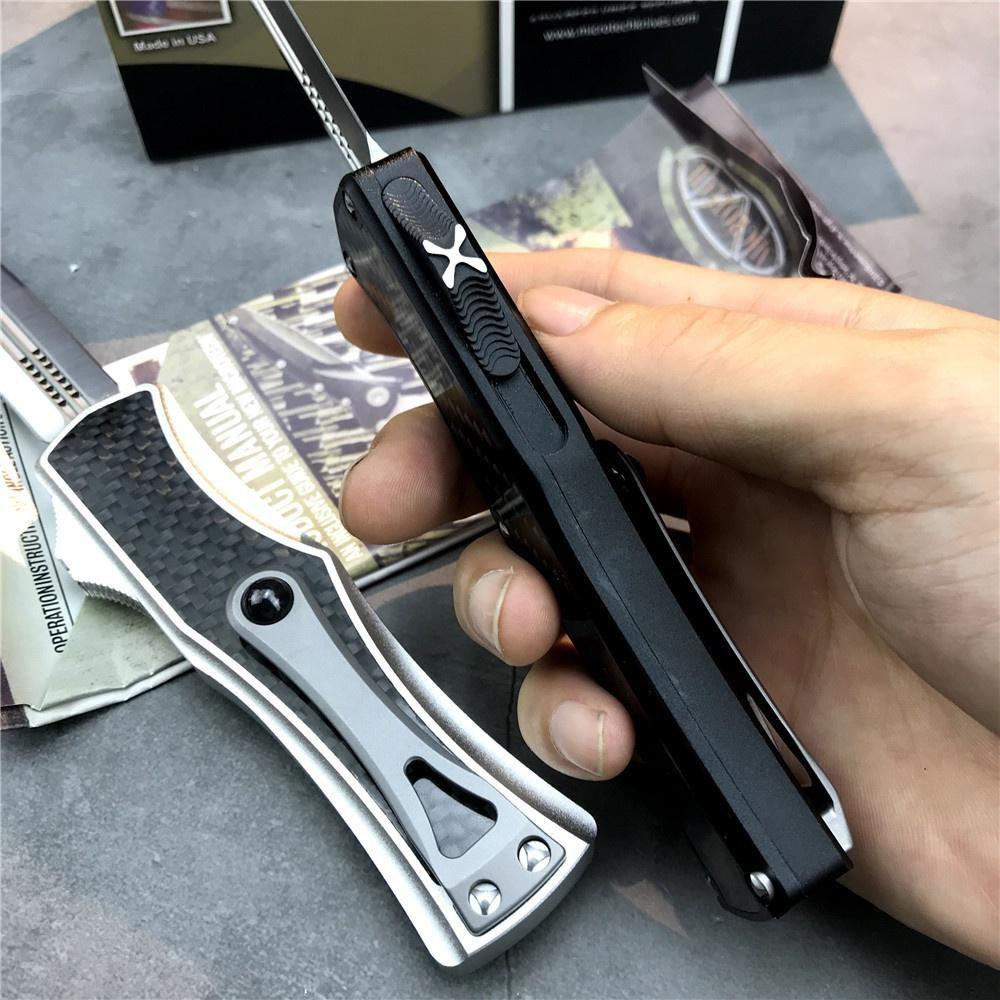 Microtech OTF tactical double automatic switchblade knife,D2 steel blade, 3K carbon fiber + aluminum handle，EDC Outdoor Hunting Pocket Knife