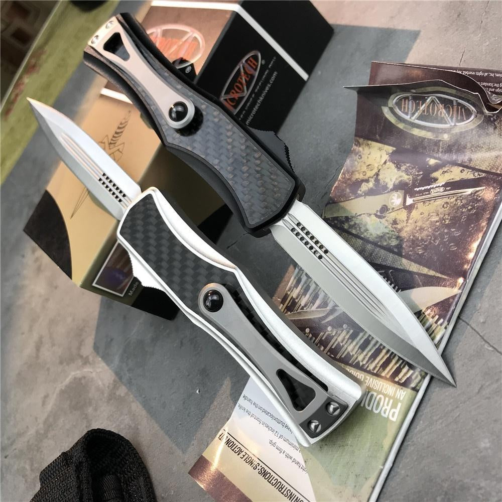 Microtech OTF tactical double automatic switchblade knife,D2 steel blade, 3K carbon fiber + aluminum handle，EDC Outdoor Hunting Pocket Knife