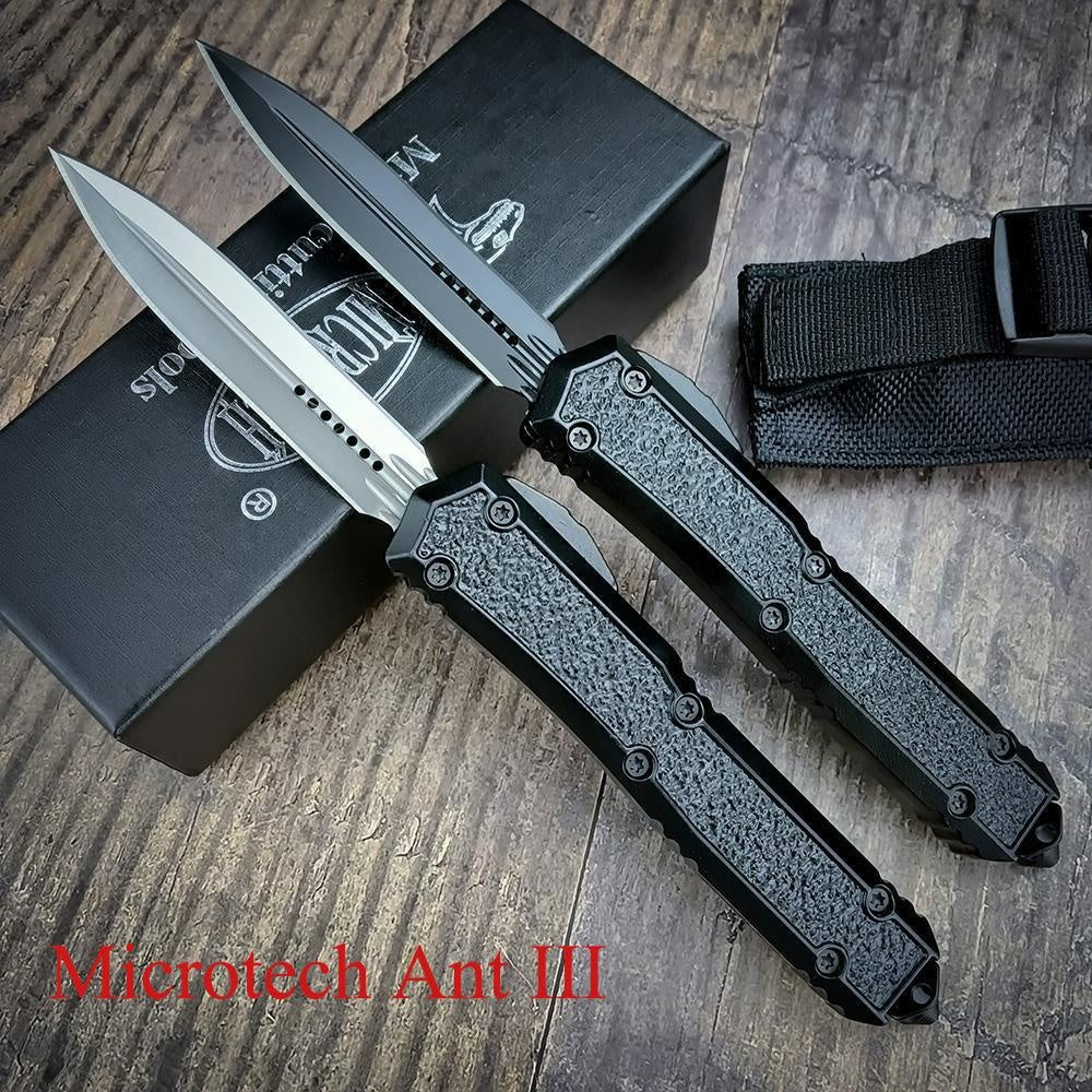 Micro tech's top-quality Ant III aviation aluminum handle OTF spring automatic KnifeI Switchblade Knife 440C Steel Pocket EDC Hunting Outdoor Knifes OTF Knife Tactical Combat Tools Self Defense