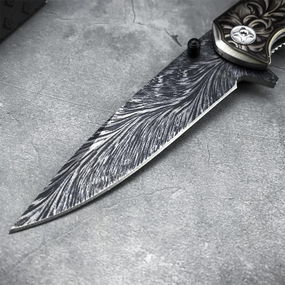 Black Titanium Feather Pattern Blade Folding Knife High Hardness Blade Wood Handle Speedsafe Assisted Pocket Knife Camping Knife - CM77