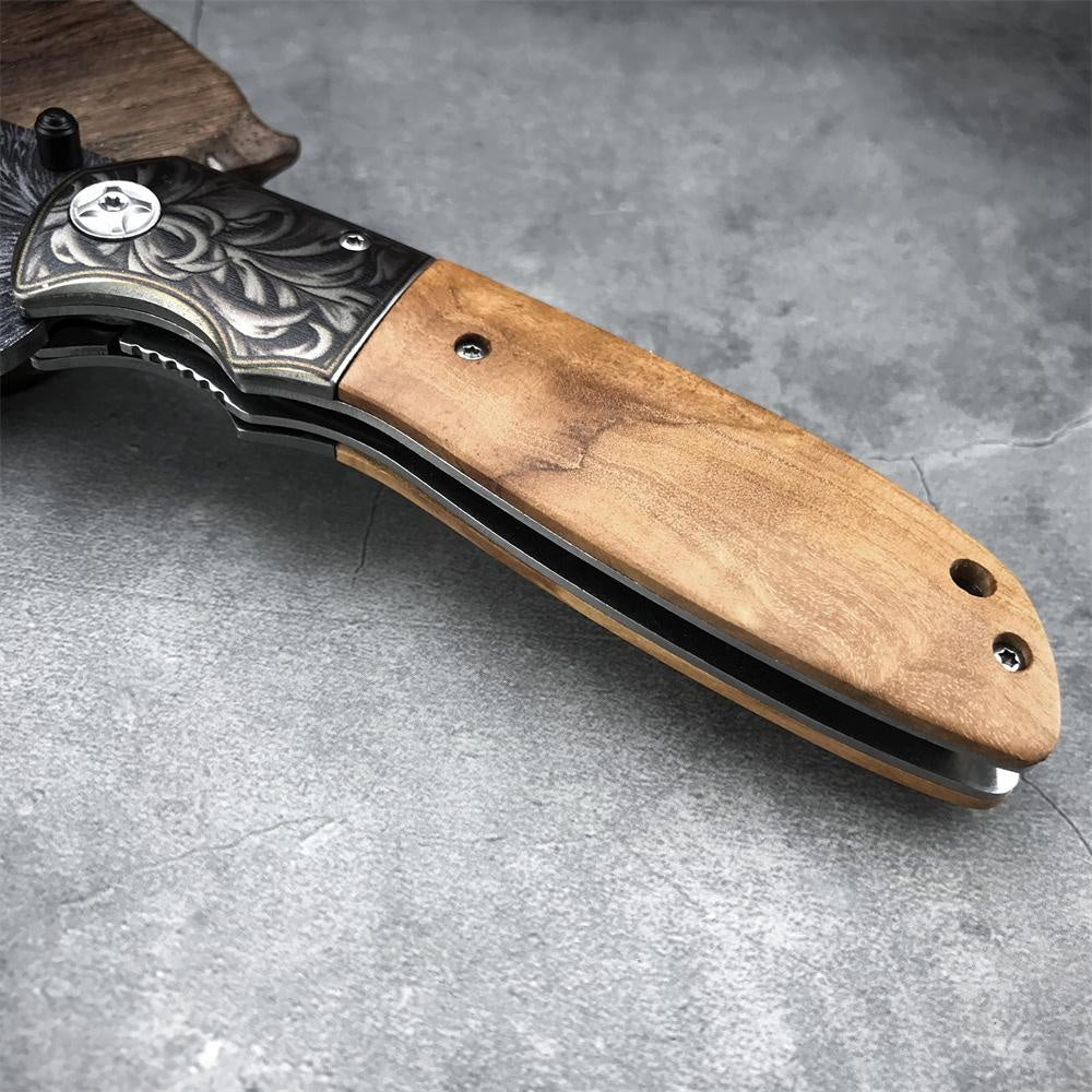 Black Titanium Feather Pattern Blade Folding Knife High Hardness Blade Wood Handle Speedsafe Assisted Pocket Knife Camping Knife - CM77