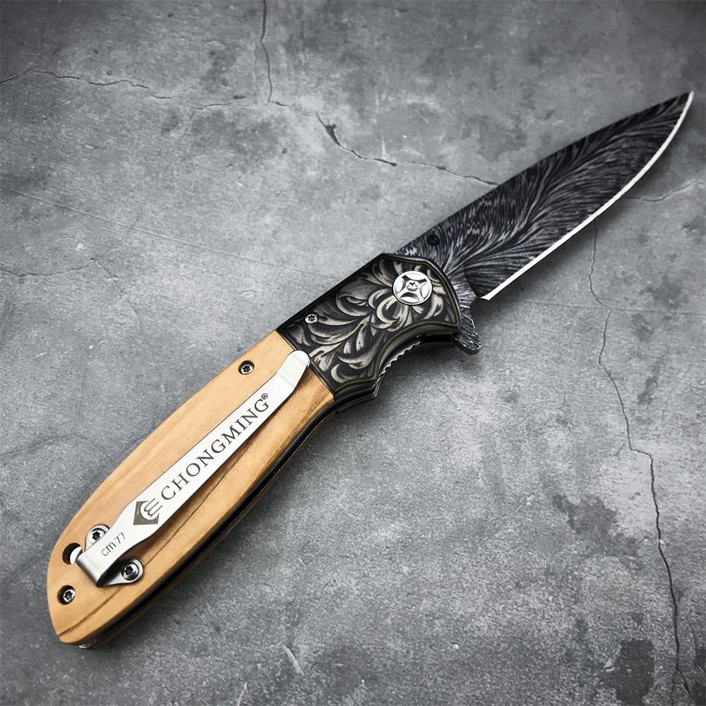 Black Titanium Feather Pattern Blade Folding Knife High Hardness Blade Wood Handle Speedsafe Assisted Pocket Knife Camping Knife - CM77