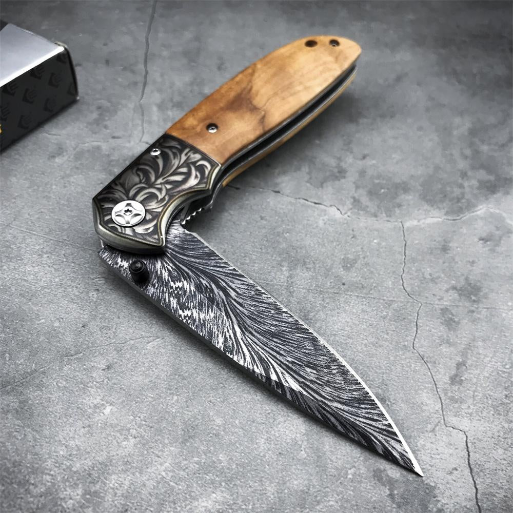 Black Titanium Feather Pattern Blade Folding Knife High Hardness Blade Wood Handle Speedsafe Assisted Pocket Knife Camping Knife - CM77