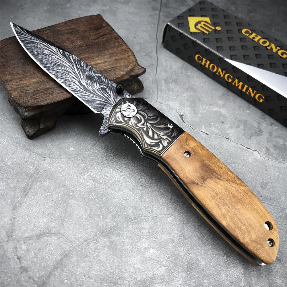 Black Titanium Feather Pattern Blade Folding Knife High Hardness Blade Wood Handle Speedsafe Assisted Pocket Knife Camping Knife - CM77