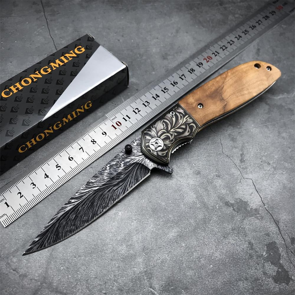 Black Titanium Feather Pattern Blade Folding Knife High Hardness Blade Wood Handle Speedsafe Assisted Pocket Knife Camping Knife - CM77