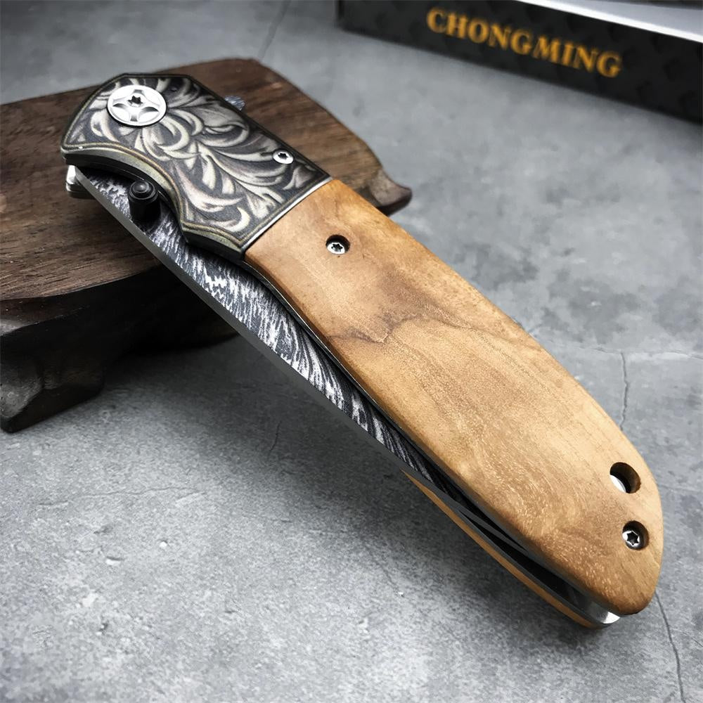 Black Titanium Feather Pattern Blade Folding Knife High Hardness Blade Wood Handle Speedsafe Assisted Pocket Knife Camping Knife - CM77