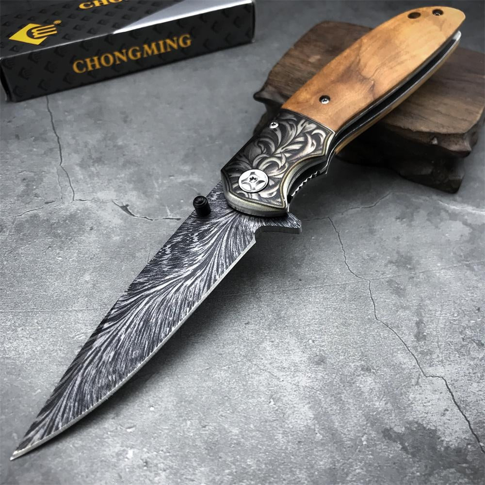 Black Titanium Feather Pattern Blade Folding Knife High Hardness Blade Wood Handle Speedsafe Assisted Pocket Knife Camping Knife - CM77