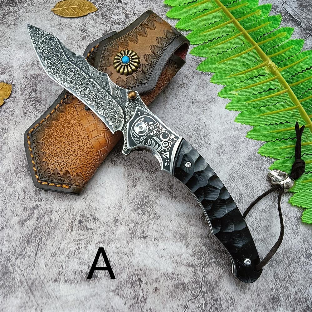 High Qualtiy Damascus Steel Pocket Knife With Cowhide Sheath Ebony Handle With Rope Collection Gift Carry-on Keychain Knife Hand-carved Folding Knife