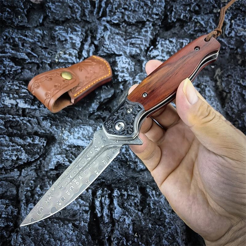 High Qualtiy Damascus Steel Pocket Knife With Cowhide Sheath Ebony Handle With Rope Collection Gift Carry-on Keychain Knife Hand-carved Folding Knife