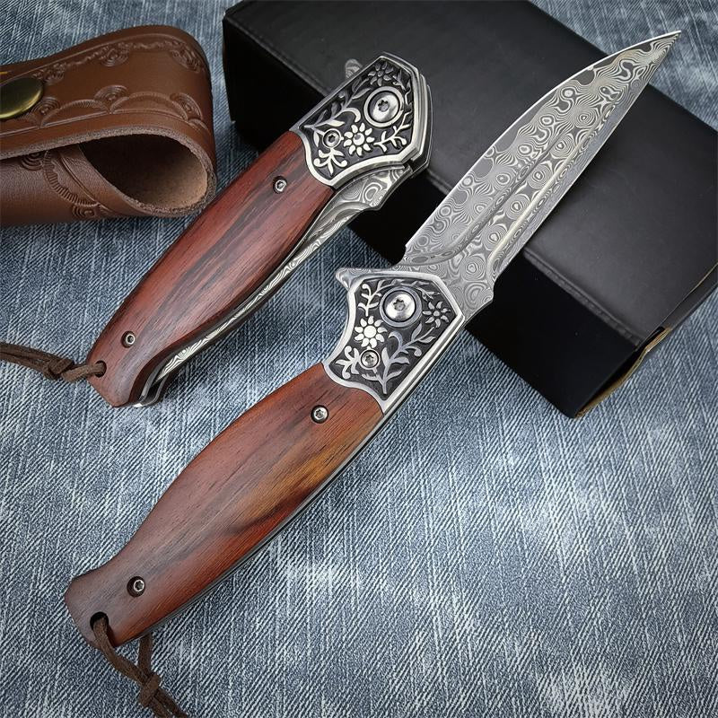 High Qualtiy Damascus Steel Pocket Knife With Cowhide Sheath Ebony Handle With Rope Collection Gift Carry-on Keychain Knife Hand-carved Folding Knife