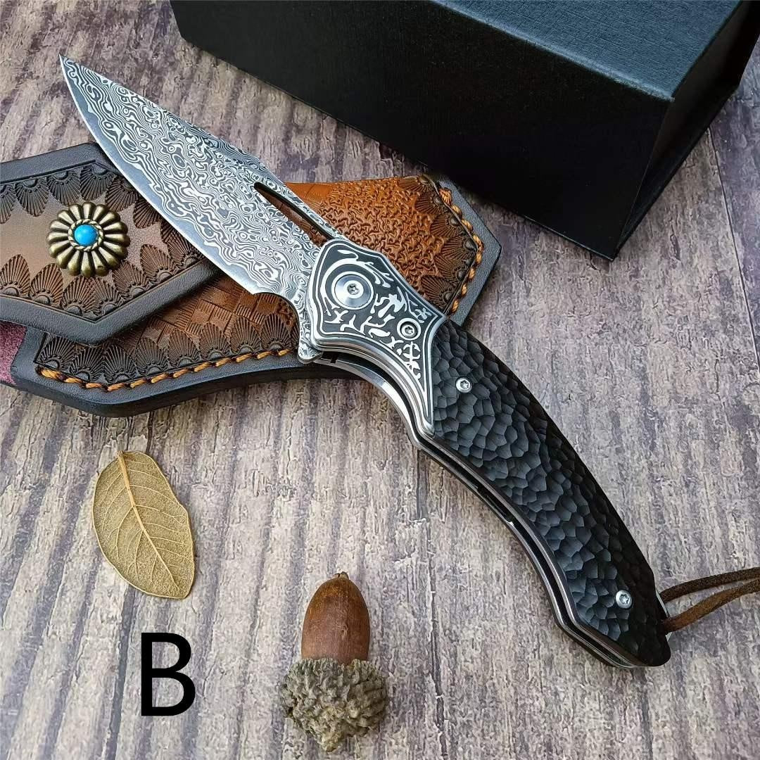 High Qualtiy Damascus Steel Pocket Knife With Cowhide Sheath Ebony Handle With Rope Collection Gift Carry-on Keychain Knife Hand-carved Folding Knife