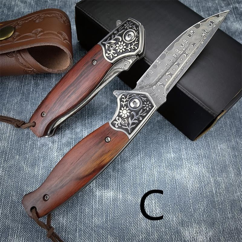 High Qualtiy Damascus Steel Pocket Knife With Cowhide Sheath Ebony Handle With Rope Collection Gift Carry-on Keychain Knife Hand-carved Folding Knife