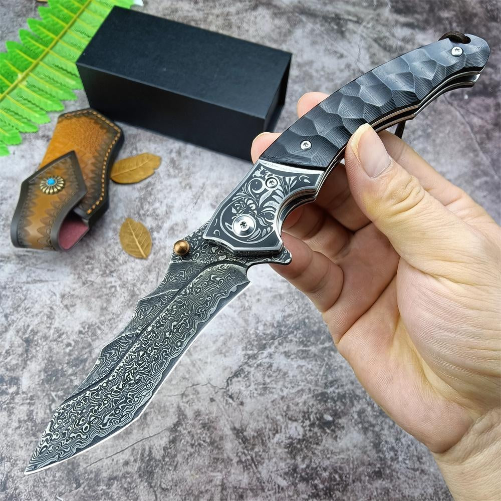 High Qualtiy Damascus Steel Pocket Knife With Cowhide Sheath Ebony Handle With Rope Collection Gift Carry-on Keychain Knife Hand-carved Folding Knife