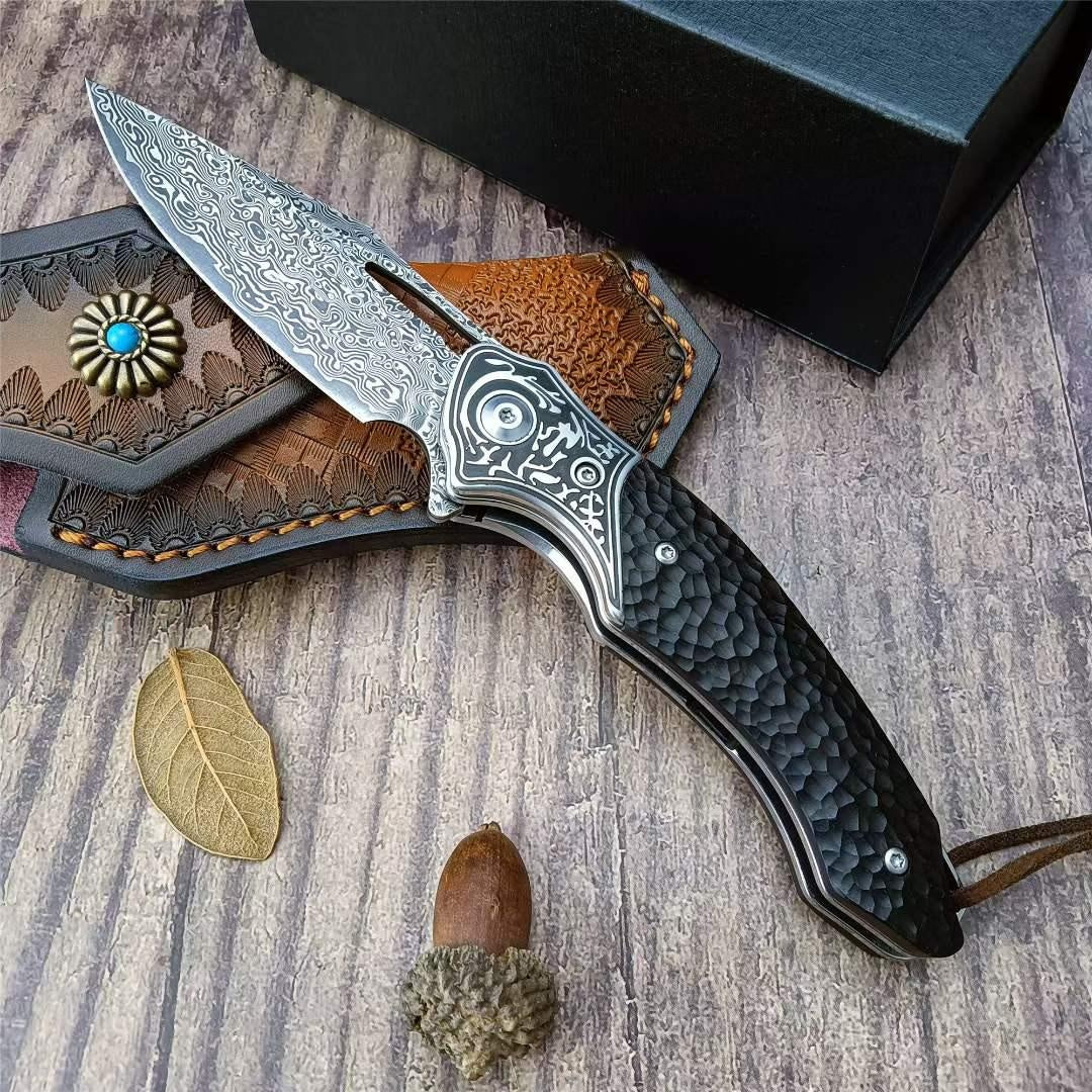 High Qualtiy Damascus Steel Pocket Knife With Cowhide Sheath Ebony Handle With Rope Collection Gift Carry-on Keychain Knife Hand-carved Folding Knife