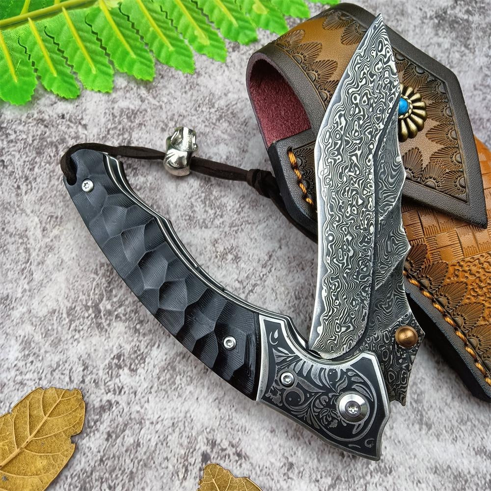 High Qualtiy Damascus Steel Pocket Knife With Cowhide Sheath Ebony Handle With Rope Collection Gift Carry-on Keychain Knife Hand-carved Folding Knife