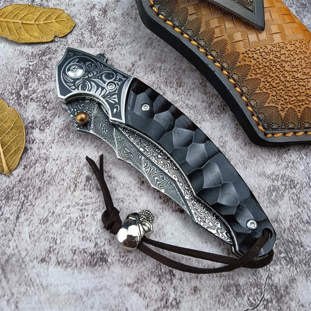 High Qualtiy Damascus Steel Pocket Knife With Cowhide Sheath Ebony Handle With Rope Collection Gift Carry-on Keychain Knife Hand-carved Folding Knife