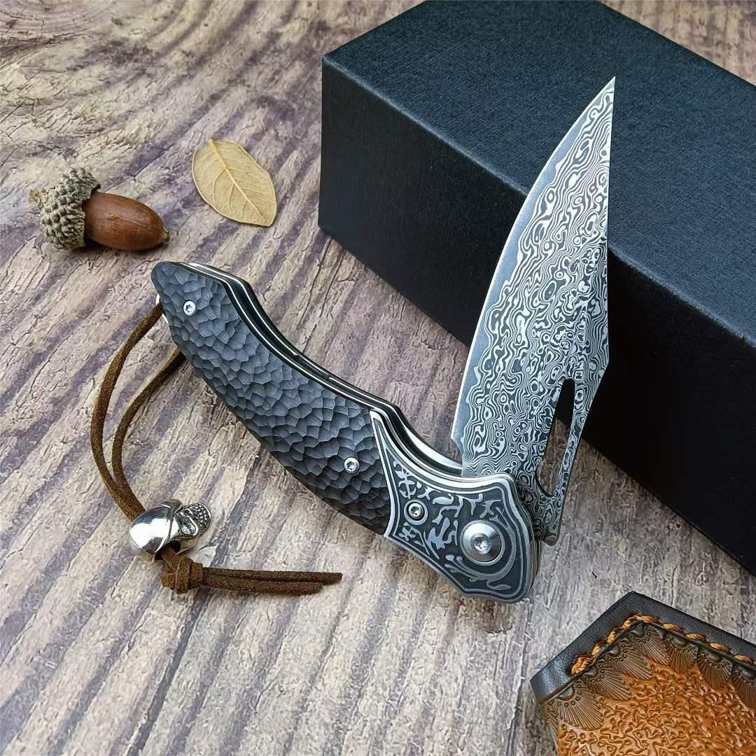 High Qualtiy Damascus Steel Pocket Knife With Cowhide Sheath Ebony Handle With Rope Collection Gift Carry-on Keychain Knife Hand-carved Folding Knife