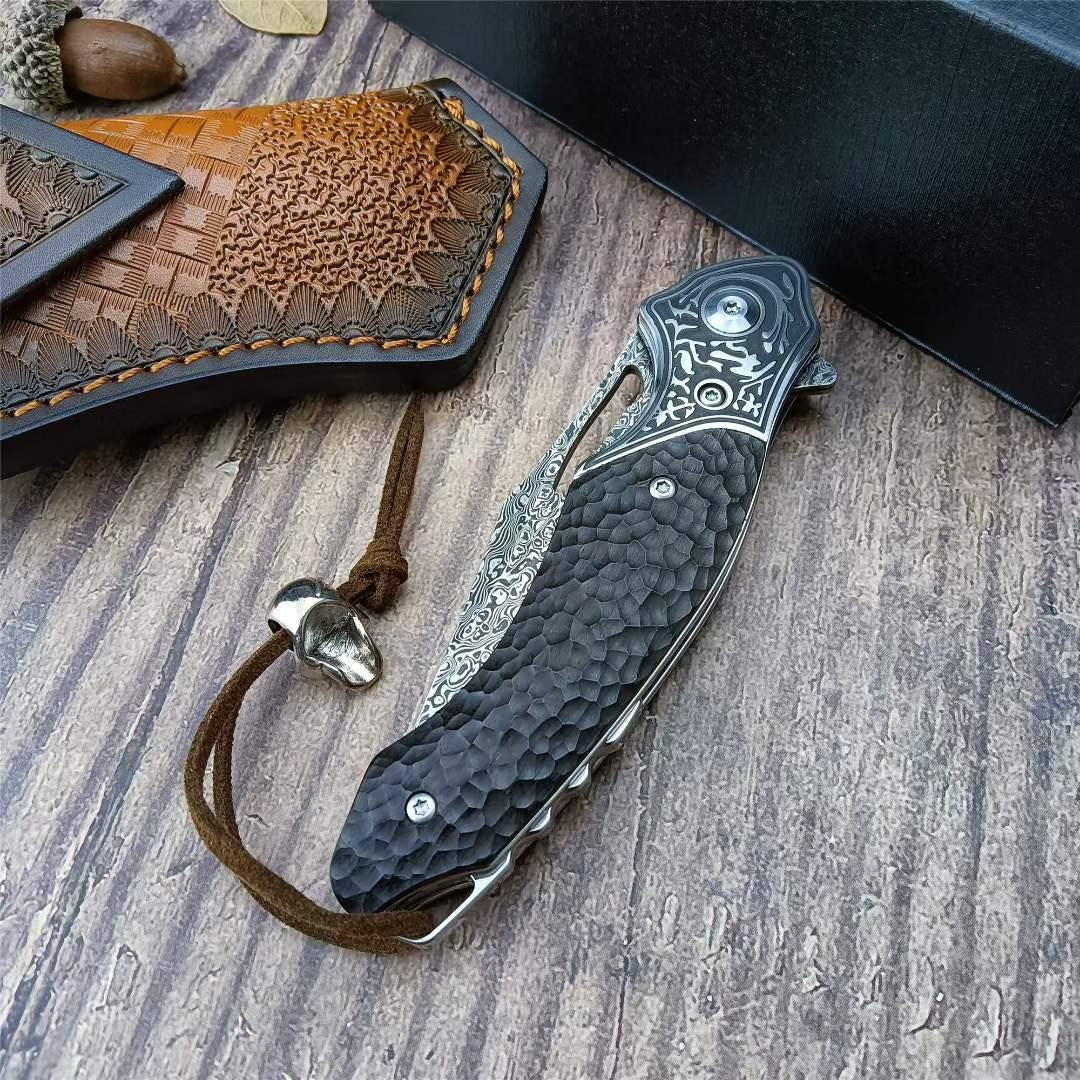 High Qualtiy Damascus Steel Pocket Knife With Cowhide Sheath Ebony Handle With Rope Collection Gift Carry-on Keychain Knife Hand-carved Folding Knife