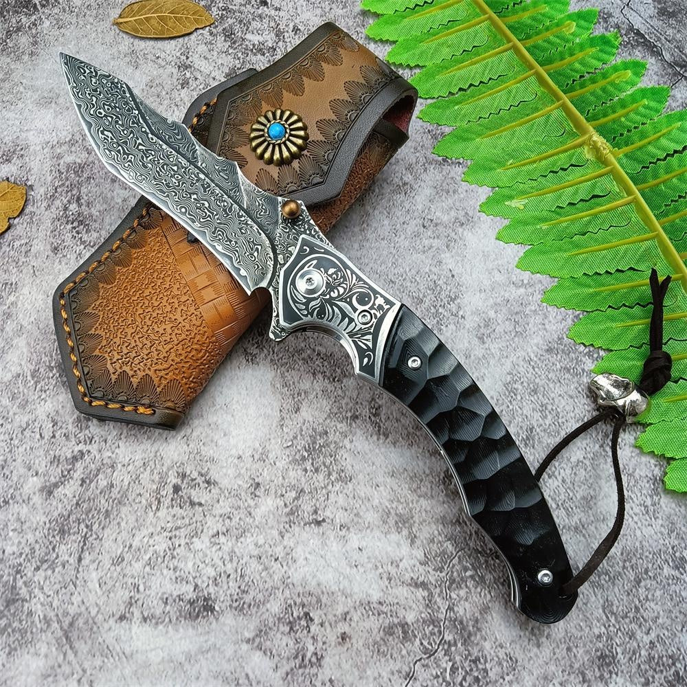 High Qualtiy Damascus Steel Pocket Knife With Cowhide Sheath Ebony Handle With Rope Collection Gift Carry-on Keychain Knife Hand-carved Folding Knife