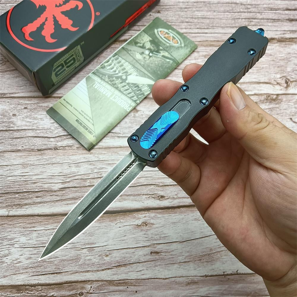 2023 Microtech Dirac Switchblade Automatic Knife, 3" Damascus Blade Aluminum Alloy Handles with A Cover Firing Slider and Glass Breaker