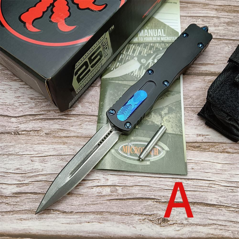 2023 Microtech Dirac Switchblade Automatic Knife, 3" Damascus Blade Aluminum Alloy Handles with A Cover Firing Slider and Glass Breaker