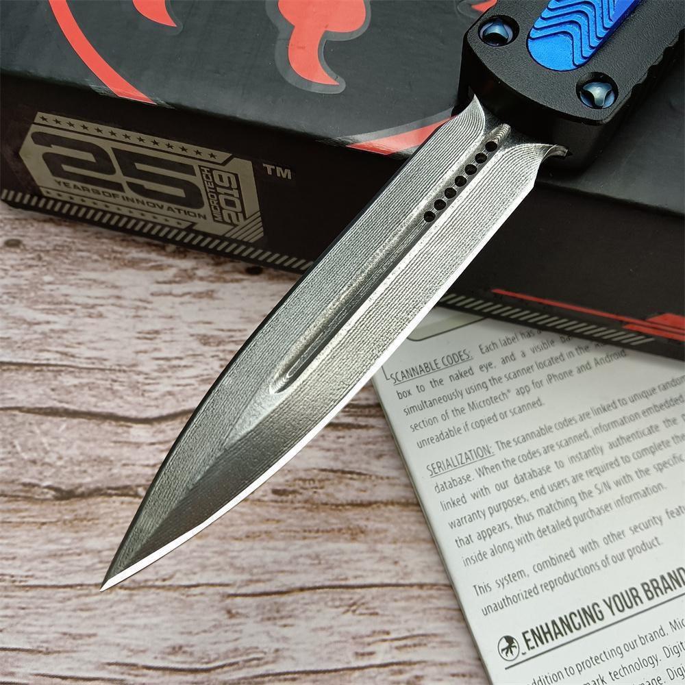 2023 Microtech Dirac Switchblade Automatic Knife, 3" Damascus Blade Aluminum Alloy Handles with A Cover Firing Slider and Glass Breaker