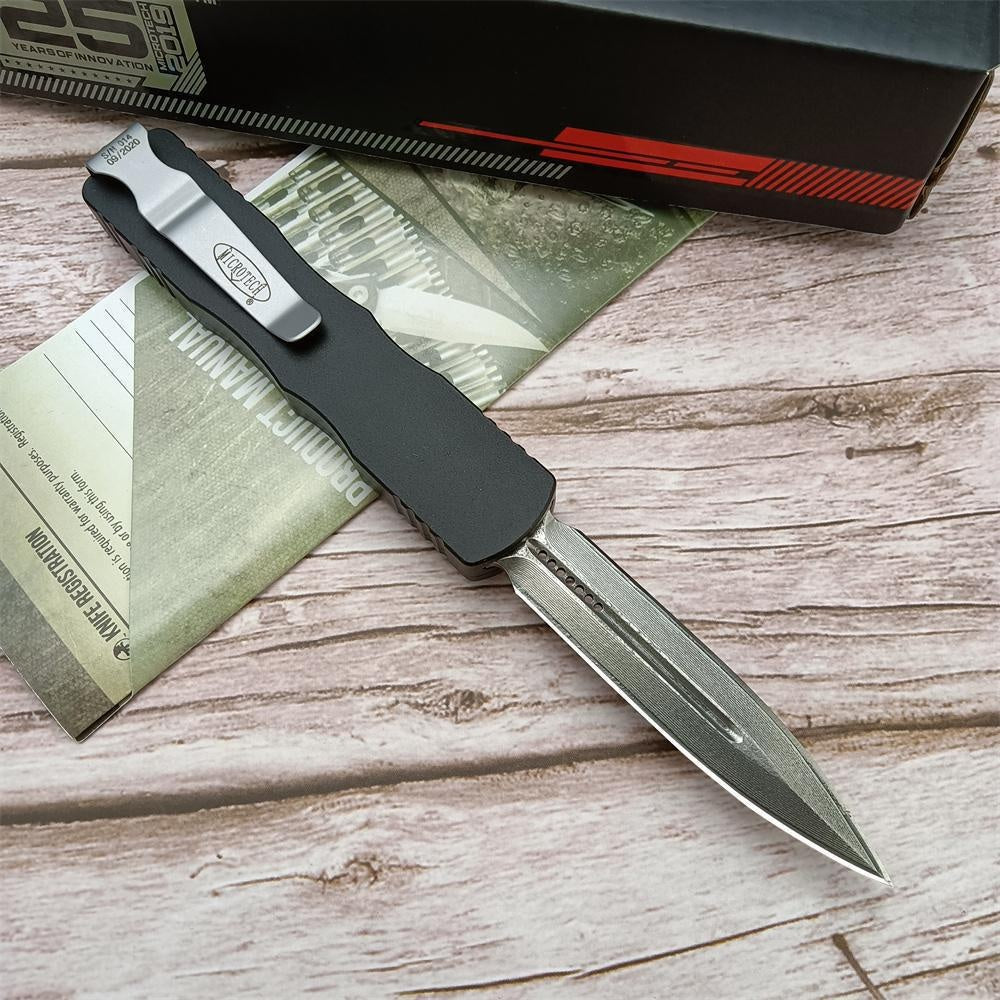 2023 Microtech Dirac Switchblade Automatic Knife, 3" Damascus Blade Aluminum Alloy Handles with A Cover Firing Slider and Glass Breaker