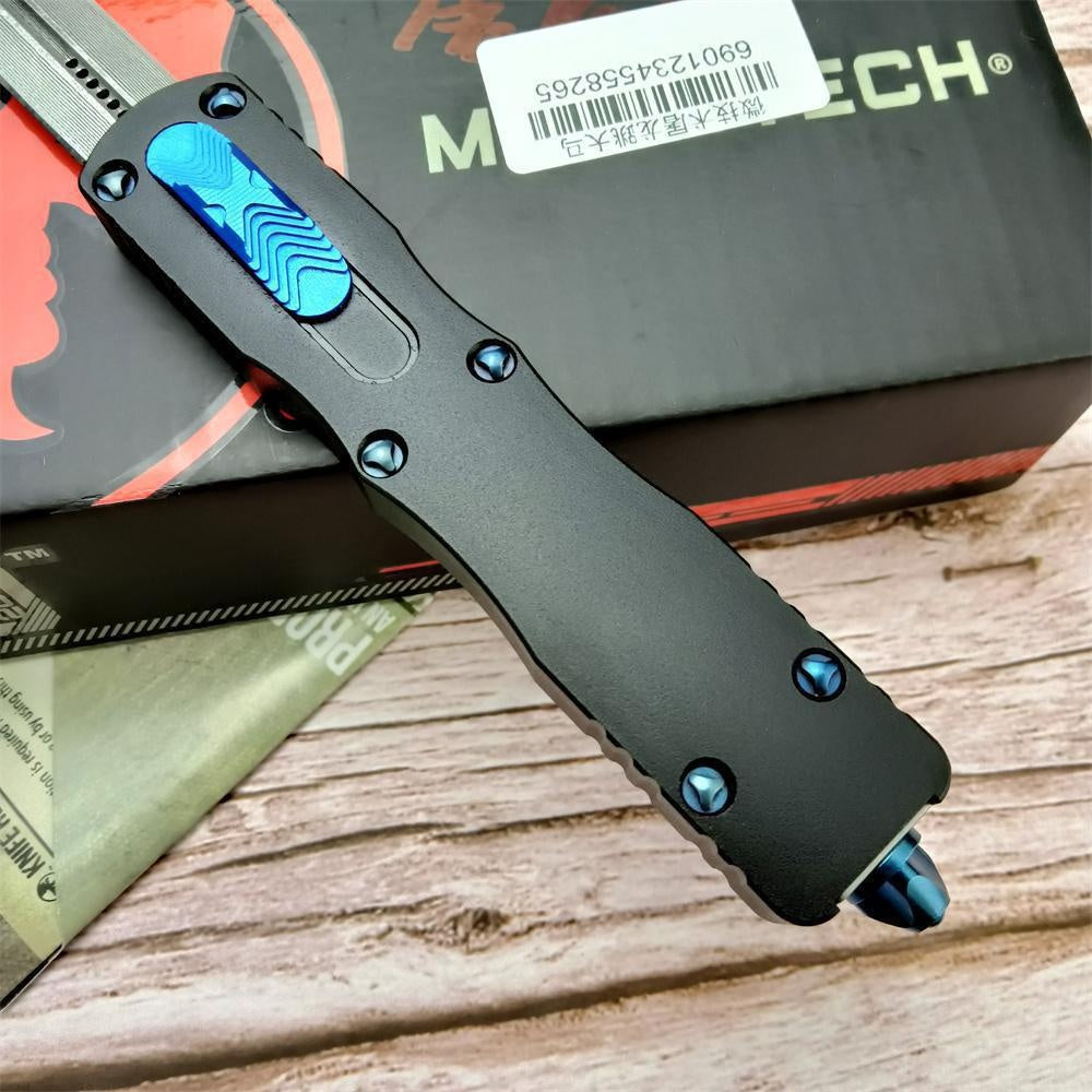 2023 Microtech Dirac Switchblade Automatic Knife, 3" Damascus Blade Aluminum Alloy Handles with A Cover Firing Slider and Glass Breaker