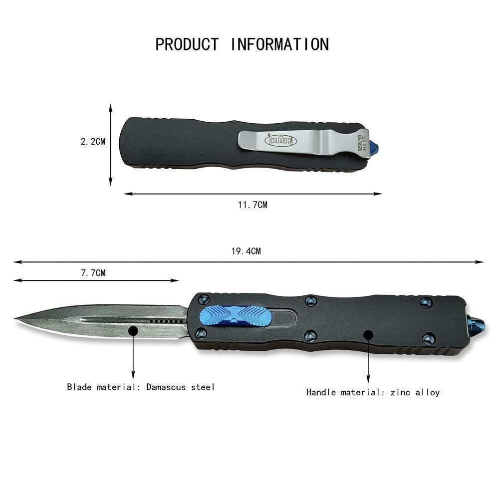 2023 Microtech Dirac Switchblade Automatic Knife, 3" Damascus Blade Aluminum Alloy Handles with A Cover Firing Slider and Glass Breaker