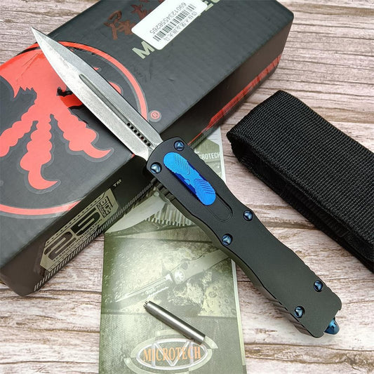 2023 Microtech Dirac Switchblade Automatic Knife, 3" Damascus Blade Aluminum Alloy Handles with A Cover Firing Slider and Glass Breaker