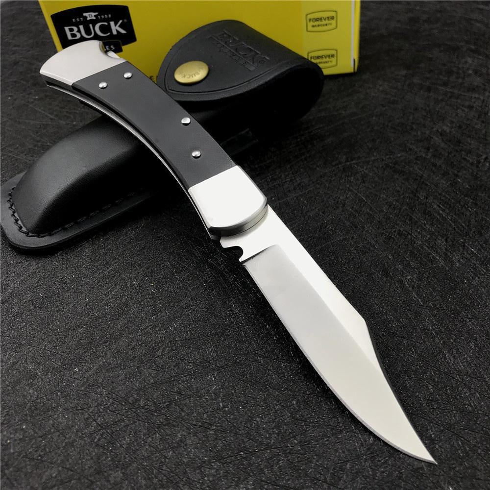 New EW Tactical Pocket Knives BUCK110 Folding Hunter Pro 0110BKSNS1 S30V Clip Point Blade Black G10 Lock Back Folder  Black Leather Sheath