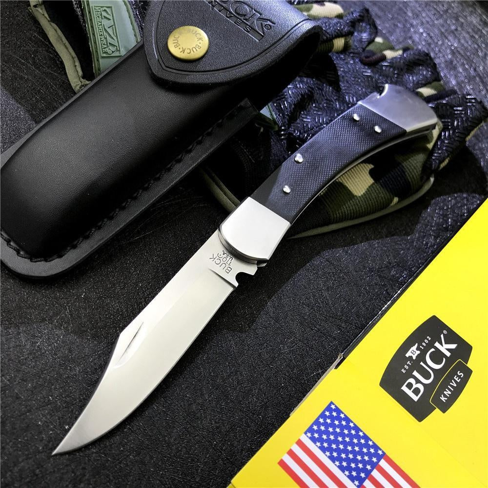 New EW Tactical Pocket Knives BUCK110 Folding Hunter Pro 0110BKSNS1 S30V Clip Point Blade Black G10 Lock Back Folder  Black Leather Sheath