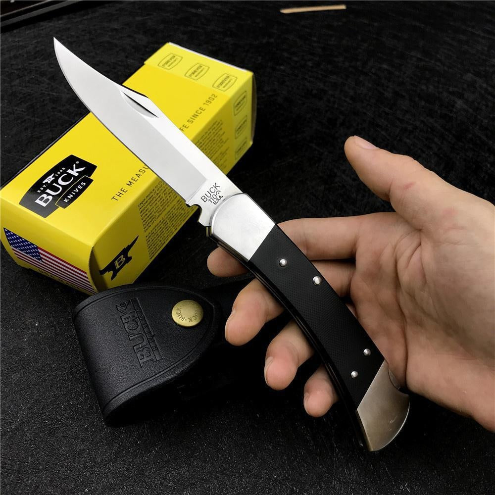 New EW Tactical Pocket Knives BUCK110 Folding Hunter Pro 0110BKSNS1 S30V Clip Point Blade Black G10 Lock Back Folder  Black Leather Sheath