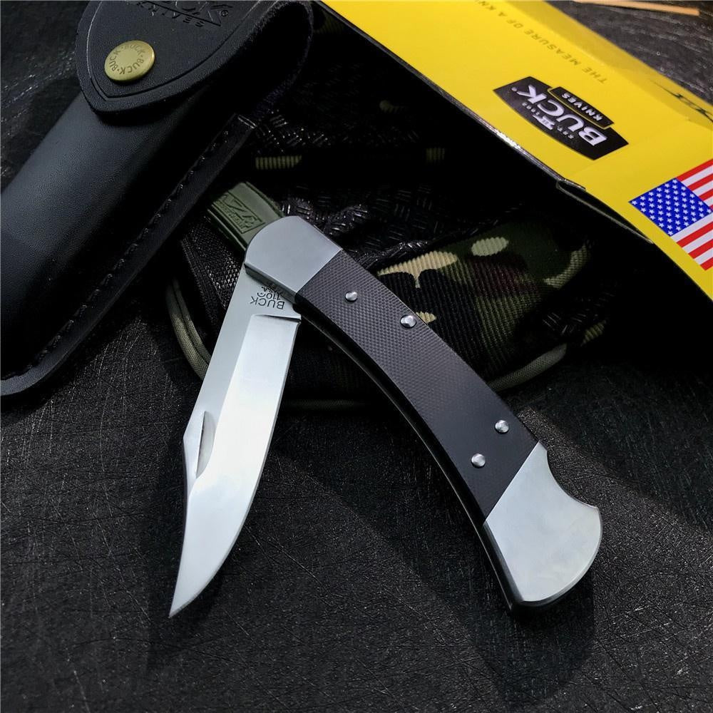 New EW Tactical Pocket Knives BUCK110 Folding Hunter Pro 0110BKSNS1 S30V Clip Point Blade Black G10 Lock Back Folder  Black Leather Sheath