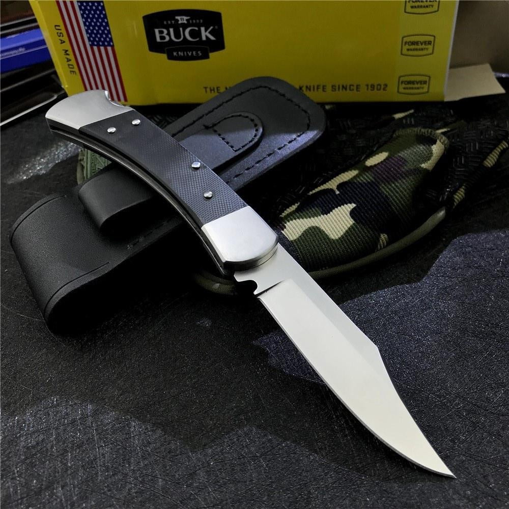 New EW Tactical Pocket Knives BUCK110 Folding Hunter Pro 0110BKSNS1 S30V Clip Point Blade Black G10 Lock Back Folder  Black Leather Sheath