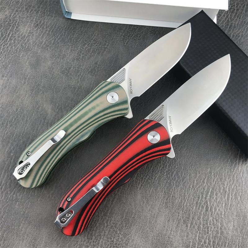 HUAAO GC001 Outdoor Tactical Folding Knife Quick Open Pocket Knife Green and Red Stripe G10 Handles Wilderness Hunting Knife Portable Fruit Knife Camping Knives