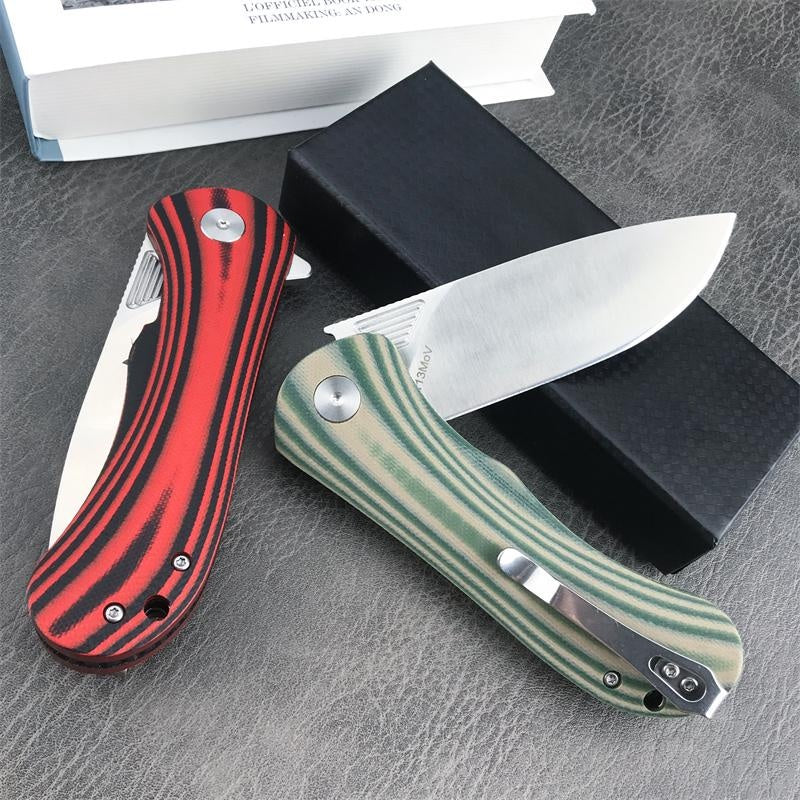 HUAAO GC001 Outdoor Tactical Folding Knife Quick Open Pocket Knife Green and Red Stripe G10 Handles Wilderness Hunting Knife Portable Fruit Knife Camping Knives