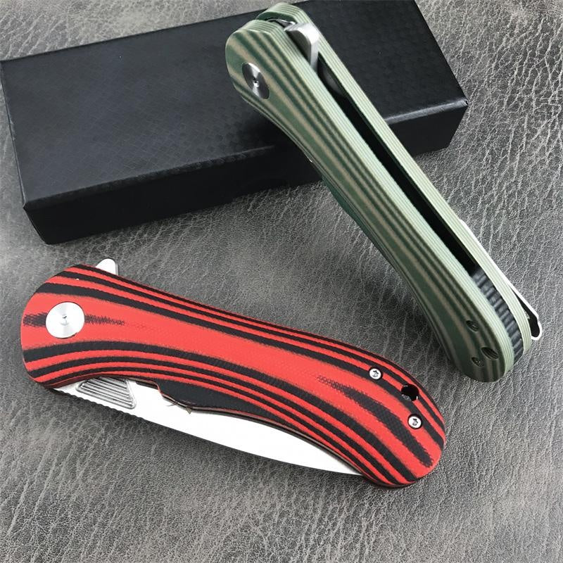 HUAAO GC001 Outdoor Tactical Folding Knife Quick Open Pocket Knife Green and Red Stripe G10 Handles Wilderness Hunting Knife Portable Fruit Knife Camping Knives