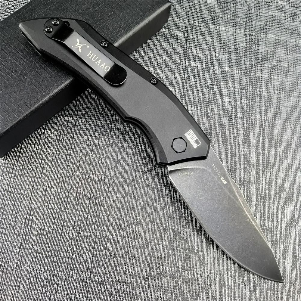 HUAAO 7100 BW Launch 1 AUTO Folding Knife 3.4" CPM-154 Blackwash Plain Blade, T6 Aviation Aluminum Handles Spring Assisted Knife Automatic Knives Tactical Self defense Knives Hunting Tools